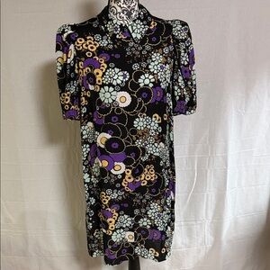 Ted Baker Saskiie Black Floral Print Dress with Purple and Mint Accents No Belt